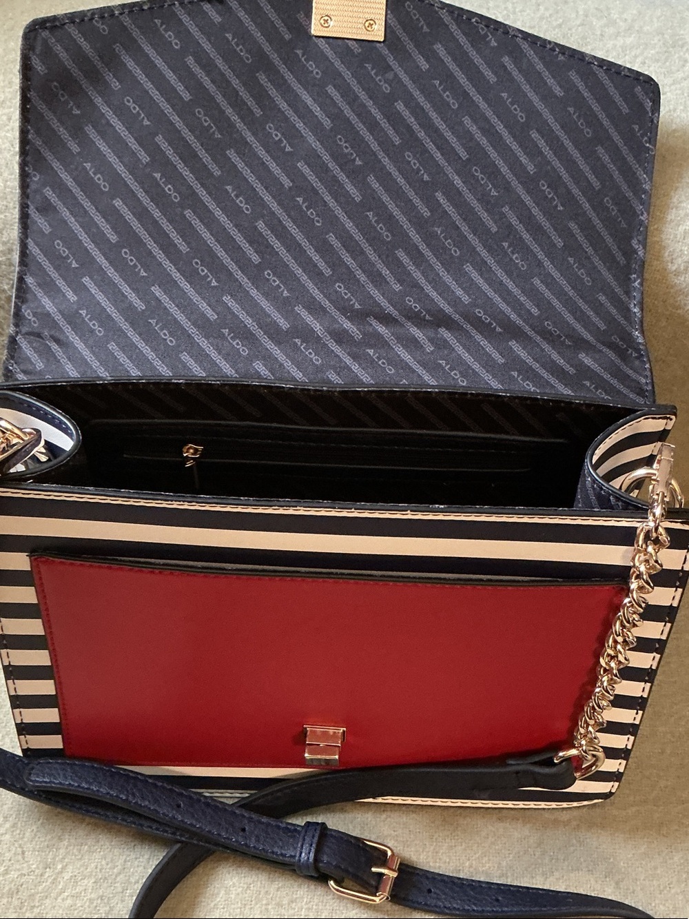 ALDO Navy, Red & White Striped Chain-Accent Satchel - Picture 4 of 7